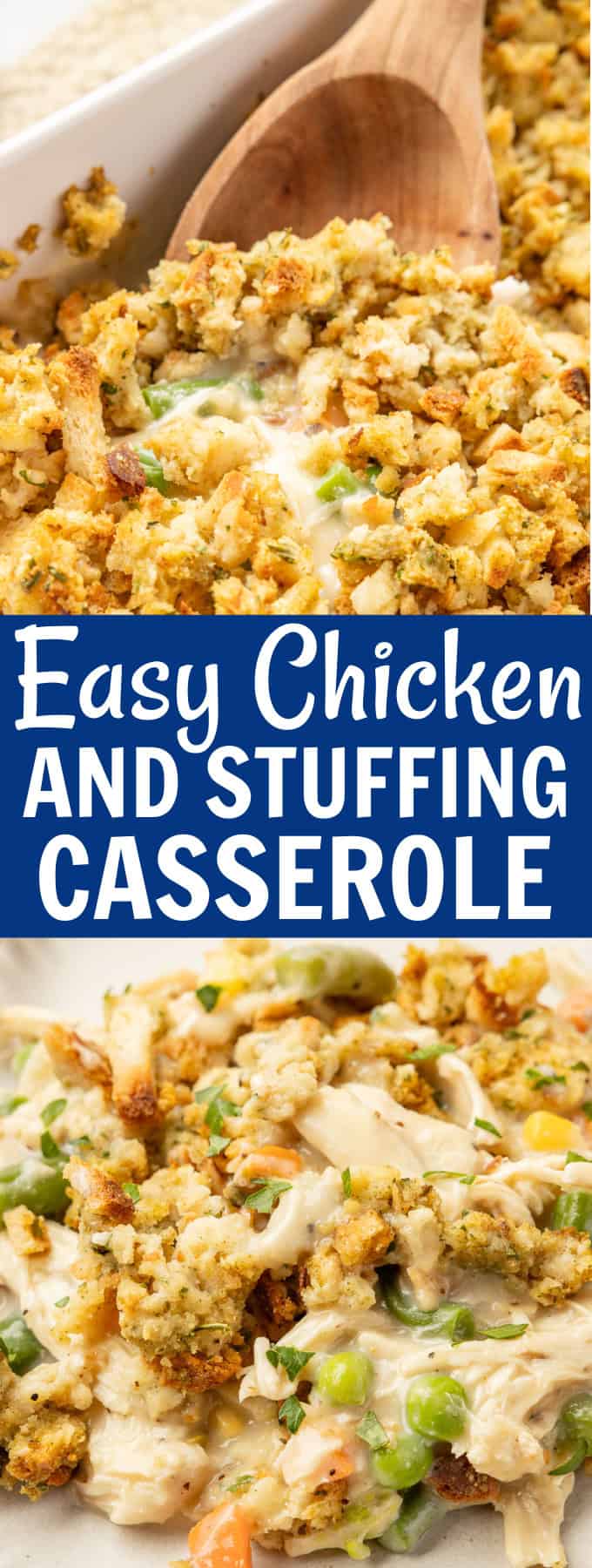 A wooden spoon scooping up chicken and stuffing casserole.