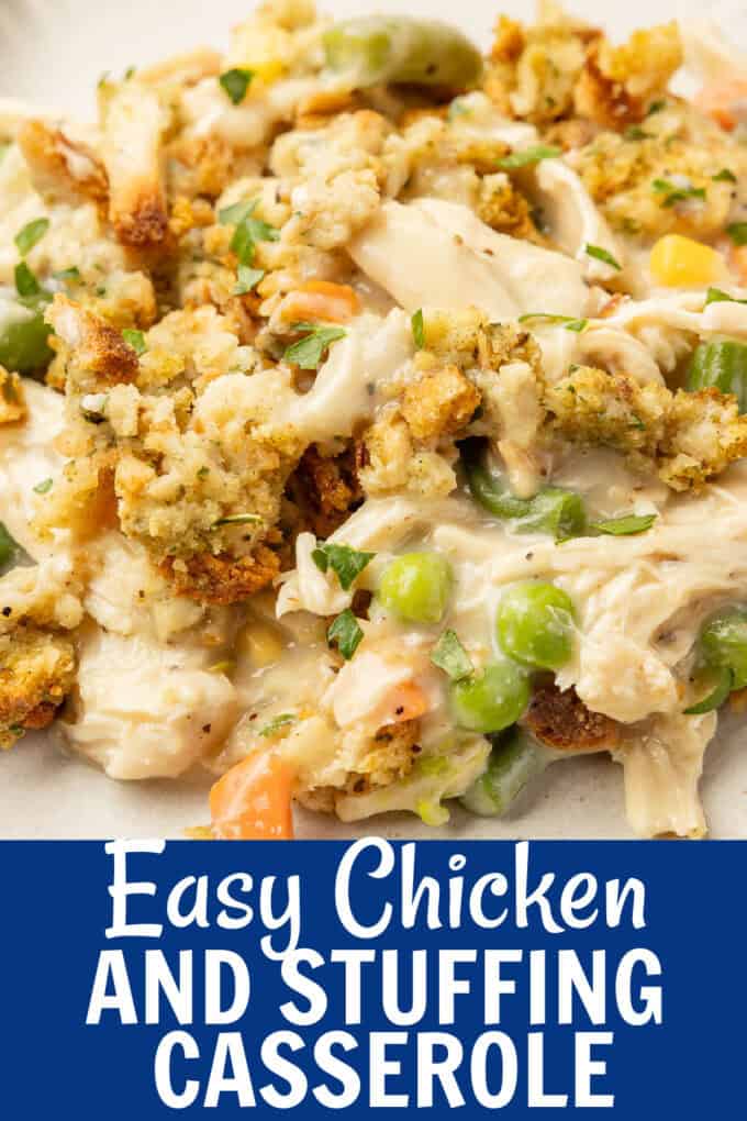 Chicken casserole with stuffing on a white plate.