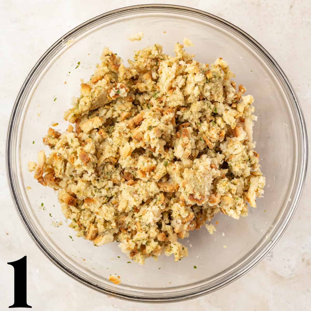 A glass bowl of stuffing.