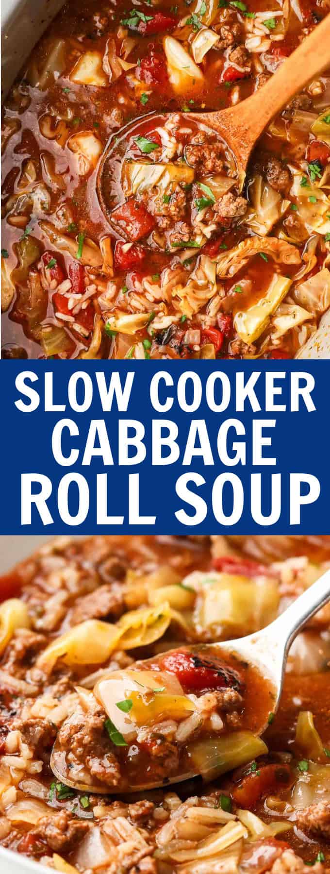 A wooden spoon scooping up cabbage roll soup from a crockpot.