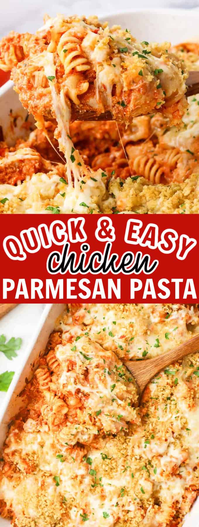 A baking dish full of chicken parmesan pasta with a wooden spoon dipping some out.