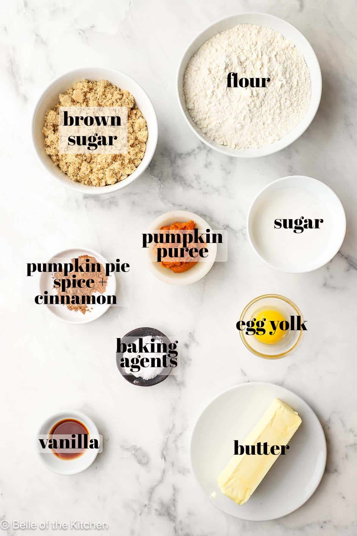 Ingredients in bowls on a counter top.
