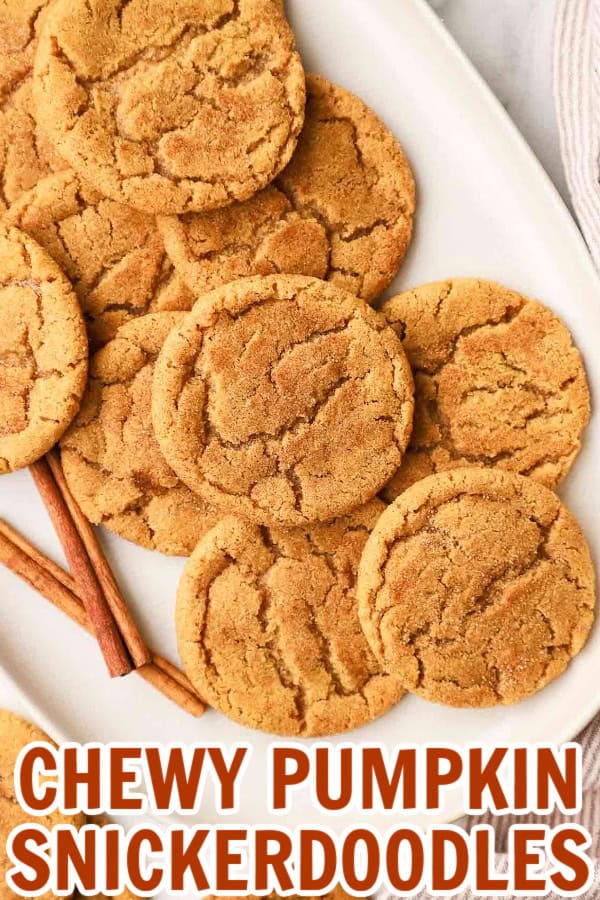 A white platter full of pumpkin snickerdoodle cookies.